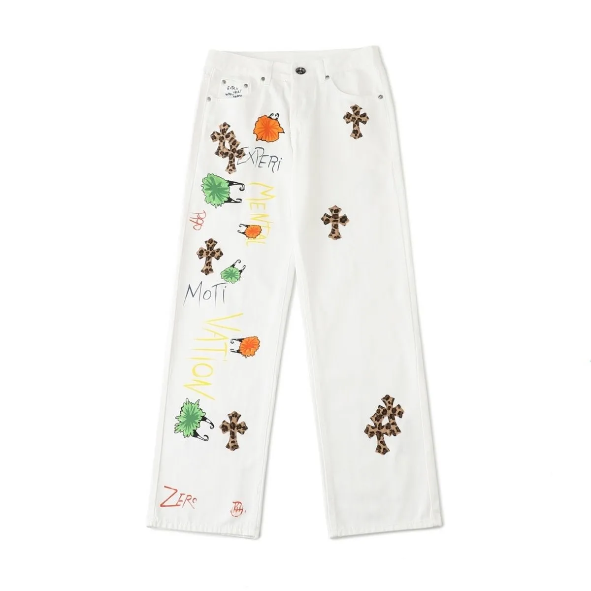 P240 💰 (Top version) Chrome Hearts/Chrome Hearts Classic white hand-painted monster cow series colorful leather cross washed color fabric unisex denim trousers Vibe style straight stacked god-level version Carbon fine bias denim color cloth Old vintage full set of hardware - Chrome Hearts white cow series The high version uses high-ounce custom fabrics, fermentation washing and soft color fixation, soft and thick to wear, the details are all made by hand-polished craftsmanship, all-over printed jacquard fabric Unique design style. Through multiple processes to create a full retro feel. Unique niche non-contrast shirt. Customized distressed spray-painted buttons. Craftsmanship in every detail. Color: white hand-painted monster. Size: 28-30-32-34 (corresponding to S-M-L-XL)